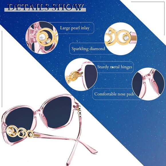 Womens Pink Fashion Sunglasses Square Frame With Pearl Sparkling Eyes Protection - Picture 3 of 14